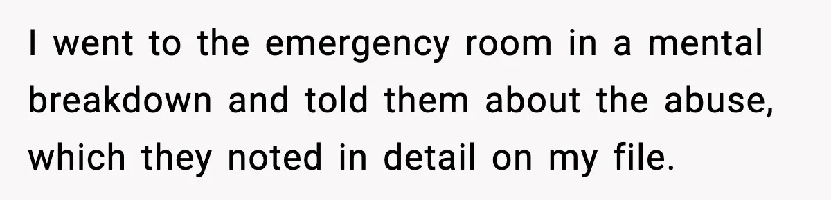 I went to the emergency room in a mental breakdown and told them about the abuse, which they noted in detail on my file.