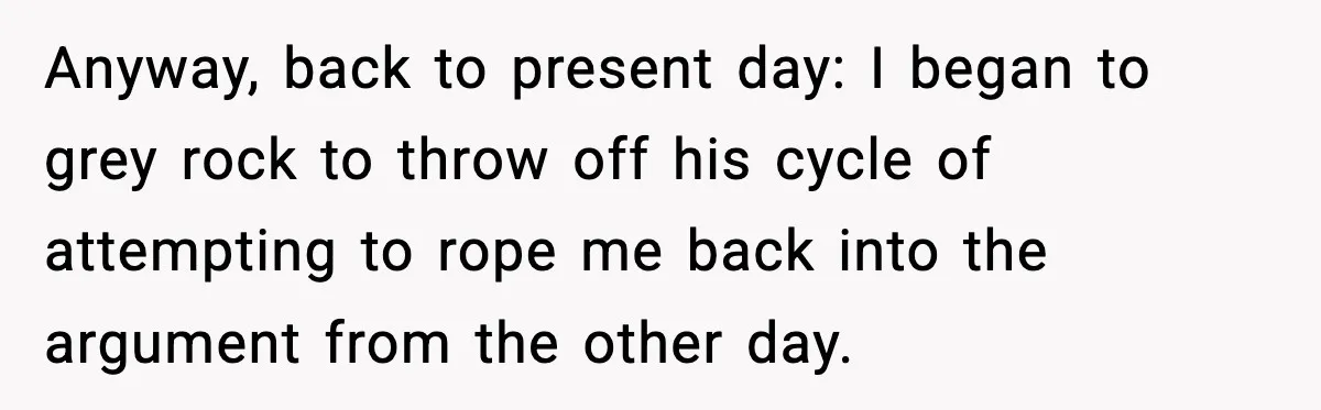 Anyway, back to present day: I began to grey rock to throw off his cycle of attempting to rope me back into the argument from the other day.