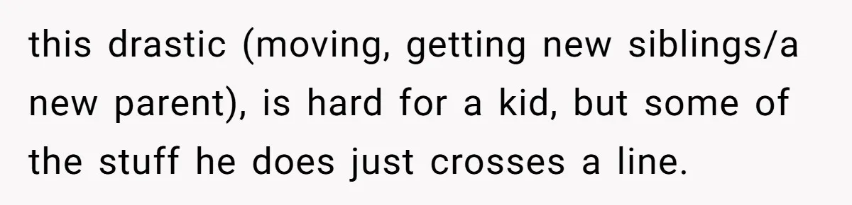 this drastic (moving, getting new siblings/a new parent), is hard for a kid, but some of the stuff he does just crosses a line.