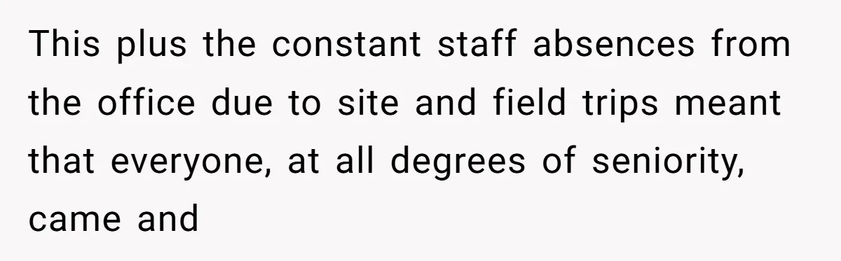 This plus the constant staff absences from the office due to site and field trips meant that everyone, at all degrees of seniority, came and