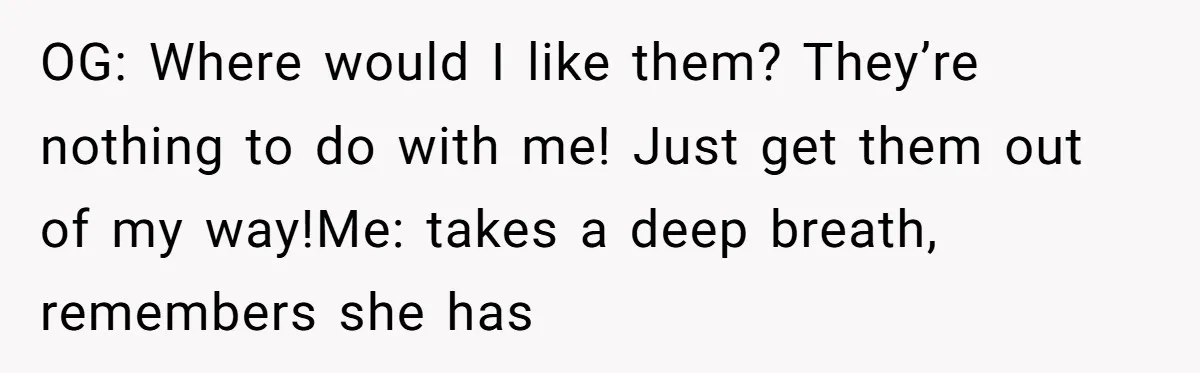 OG: Where would I like them? They’re nothing to do with me! Just get them out of my way!Me: takes a deep breath, remembers she has