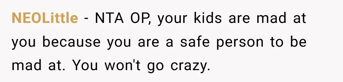 NEOLittle − NTA OP, your kids are mad at you because you are a safe person to be mad at. You won't go crazy.