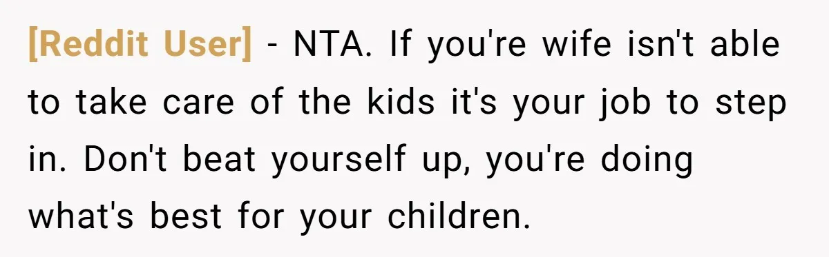 [Reddit User] − NTA. If you're wife isn't able to take care of the kids it's your job to step in. Don't beat yourself up, you're doing what's best for...