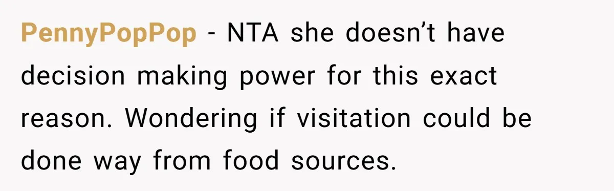 PennyPopPop − NTA she doesn’t have decision making power for this exact reason. Wondering if visitation could be done way from food sources.