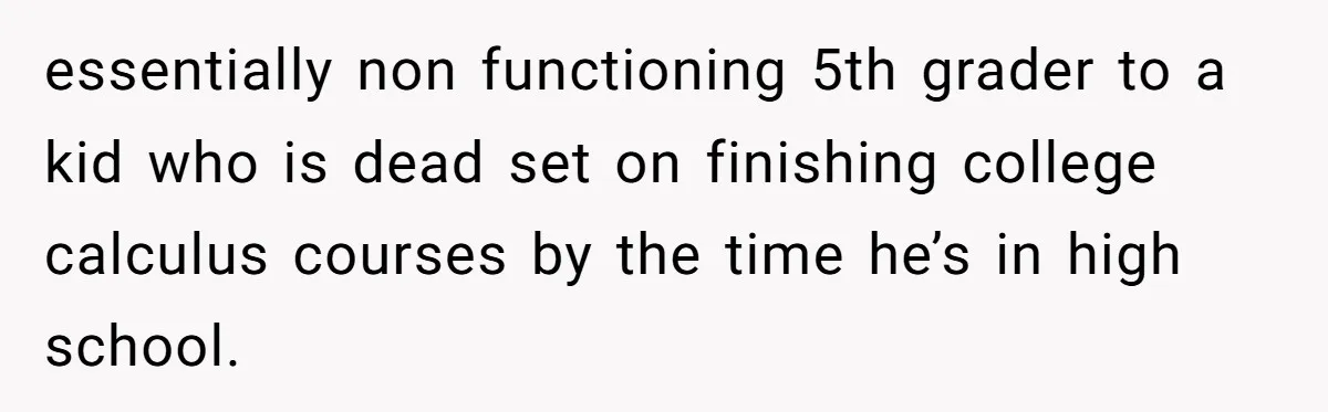 essentially non functioning 5th grader to a kid who is dead set on finishing college calculus courses by the time he’s in high school.