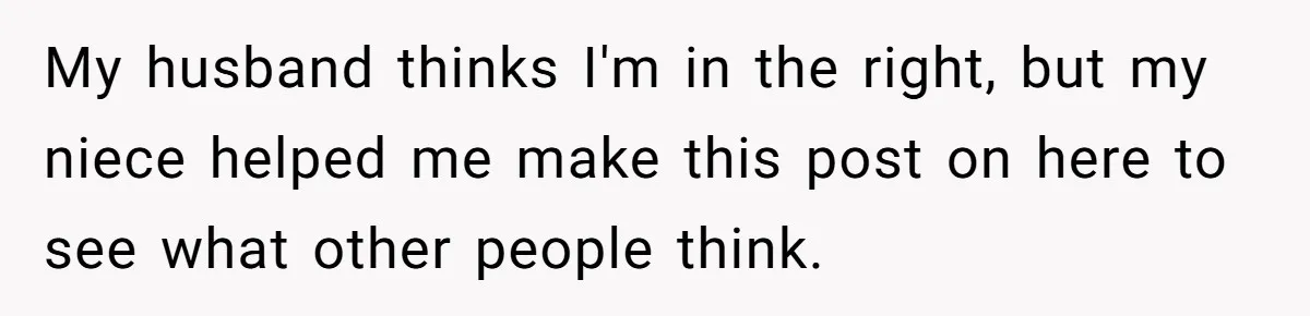 My husband thinks I'm in the right, but my niece helped me make this post on here to see what other people think.