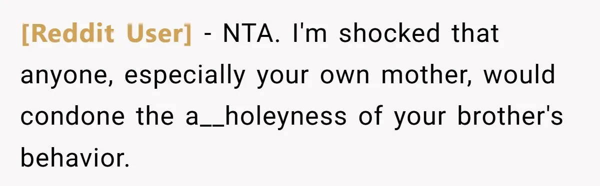 [Reddit User] − NTA. I'm shocked that anyone, especially your own mother, would condone the a__holeyness of your brother's behavior.