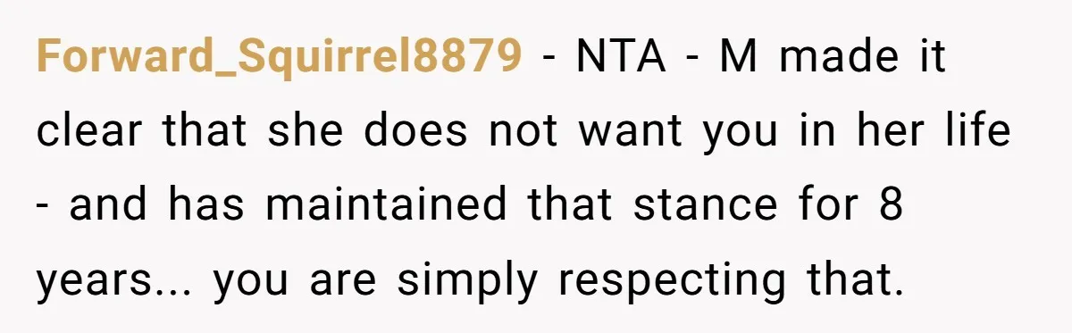 Forward_Squirrel8879 − NTA - M made it clear that she does not want you in her life - and has maintained that stance for 8 years... you are simply respecting...