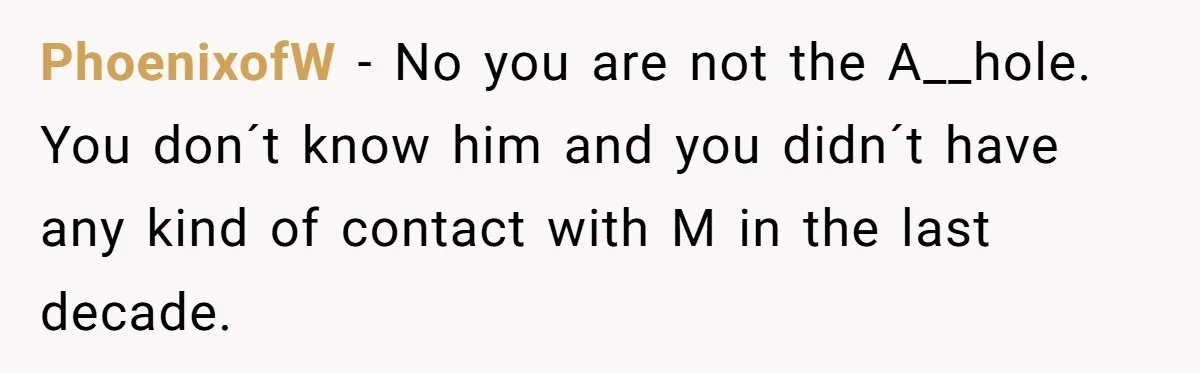 PhoenixofW − No you are not the A__hole. You don´t know him and you didn´t have any kind of contact with M in the last decade.