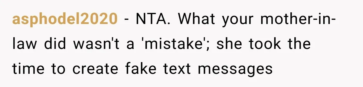 asphodel2020 − NTA. What your mother-in-law did wasn't a 'mistake'; she took the time to create fake text messages