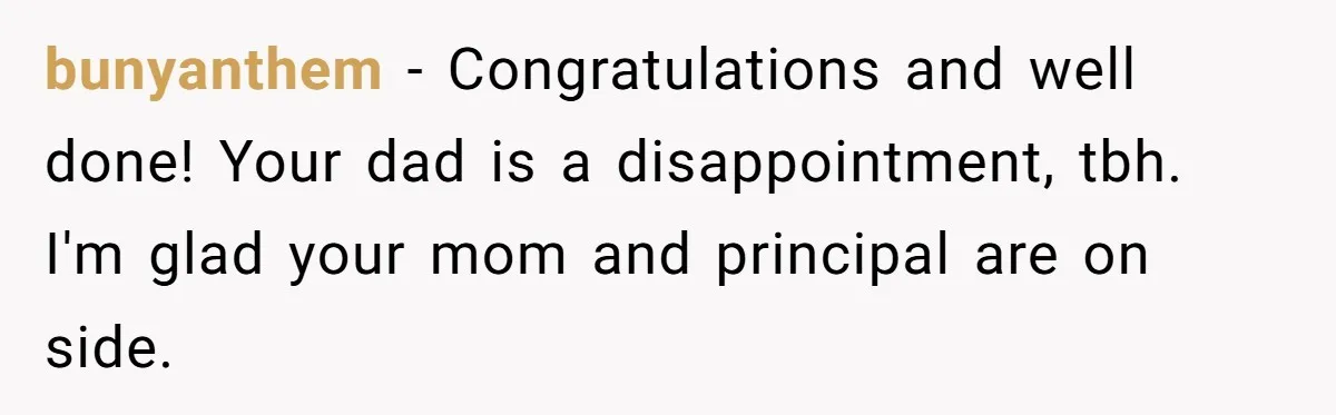 bunyanthem − Congratulations and well done! Your dad is a disappointment, tbh. I'm glad your mom and principal are on side.