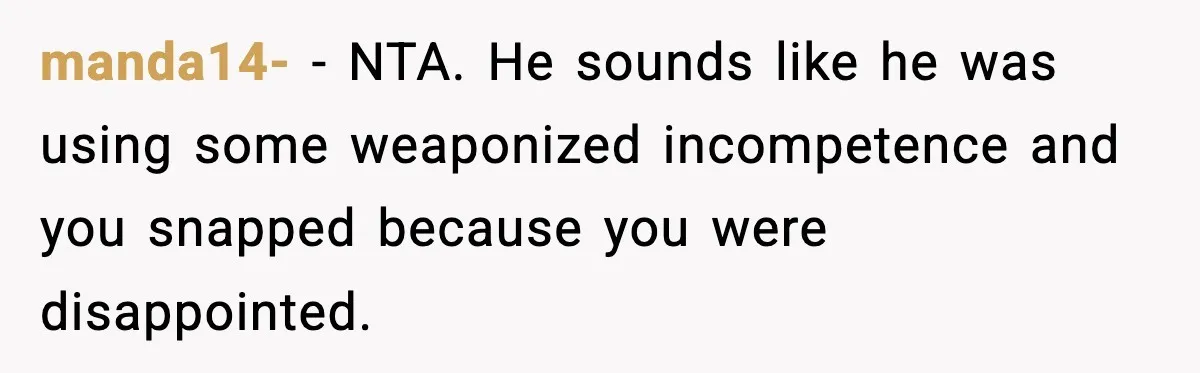 manda14- − NTA. He sounds like he was using some weaponized incompetence and you snapped because you were disappointed.