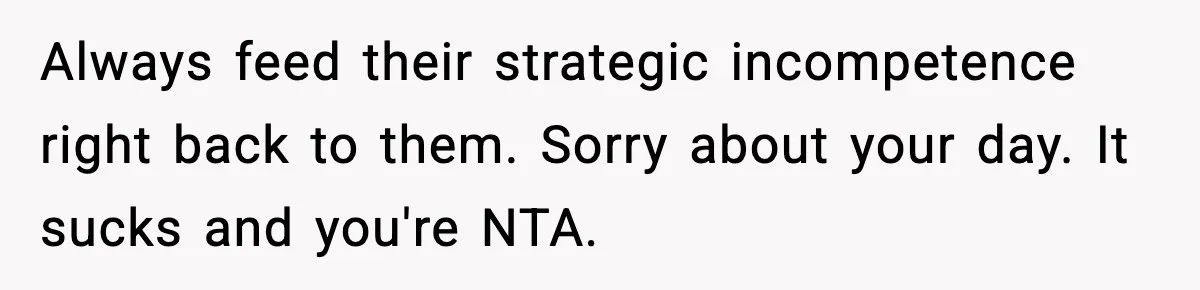 Always feed their strategic incompetence right back to them. Sorry about your day. It sucks and you're NTA.