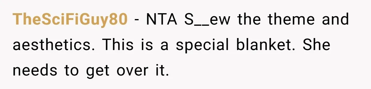 TheSciFiGuy80 − NTA S__ew the theme and aesthetics. This is a special blanket. She needs to get over it.