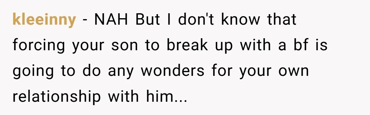 kleeinny − NAH But I don't know that forcing your son to break up with a bf is going to do any wonders for your own relationship with him...