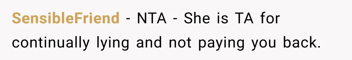 SensibleFriend − NTA - She is TA for continually lying and not paying you back.