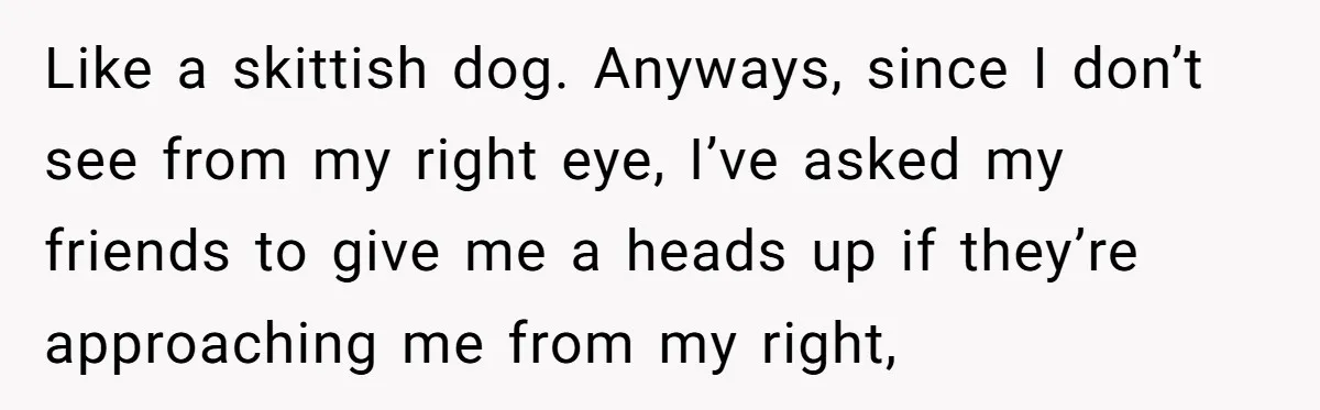 Like a skittish dog. Anyways, since I don’t see from my right eye, I’ve asked my friends to give me a heads up if they’re approaching me from my right,