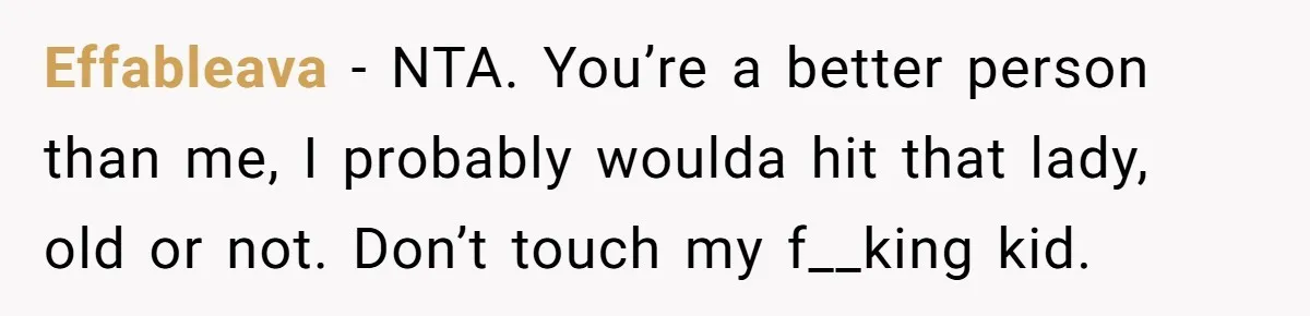 Effableava − NTA. You’re a better person than me, I probably woulda hit that lady, old or not. Don’t touch my f__king kid.