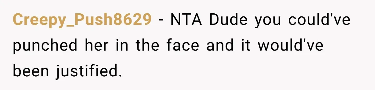 Creepy_Push8629 − NTA Dude you could've punched her in the face and it would've been justified.