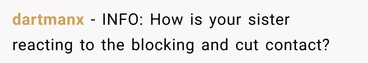 Teen Girl Cuts Off Sister After Being “Barely Not Invited” To Her Own Wedding dartmanx − INFO: How is your sister reacting to the blocking and cut contact?