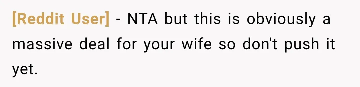 [Reddit User] − NTA but this is obviously a massive deal for your wife so don't push it yet.