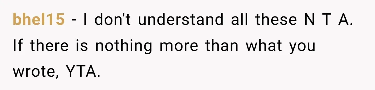 bhel15 − I don't understand all these N T A. If there is nothing more than what you wrote, YTA.