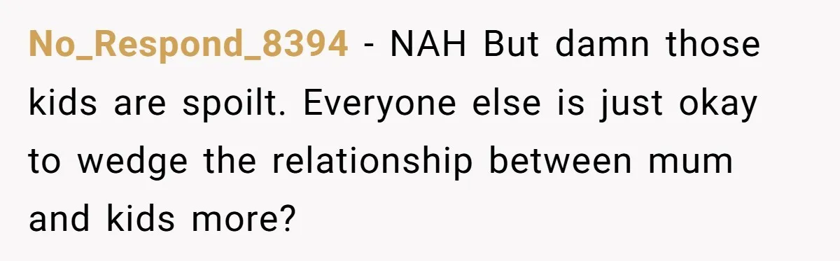 No_Respond_8394 − NAH But damn those kids are spoilt. Everyone else is just okay to wedge the relationship between mum and kids more?