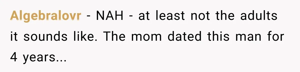 Algebralovr − NAH - at least not the adults it sounds like. The mom dated this man for 4 years...