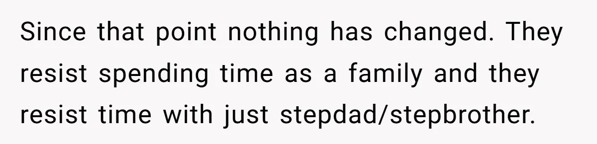 Since that point nothing has changed. They resist spending time as a family and they resist time with just stepdad/stepbrother.