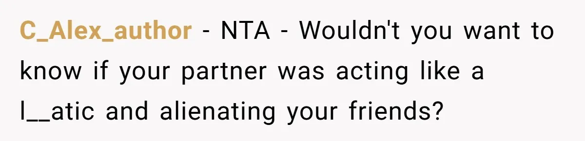 She Exposed The Girlfriend’s Text Meltdown, Now Friends Say She Should’ve Stayed Quiet C_Alex_author − NTA - Wouldn't you want to know if your partner was acting like a l__atic and alienating your friends?