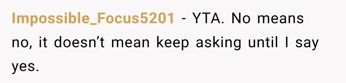 Impossible_Focus5201 − YTA. No means no, it doesn’t mean keep asking until I say yes.