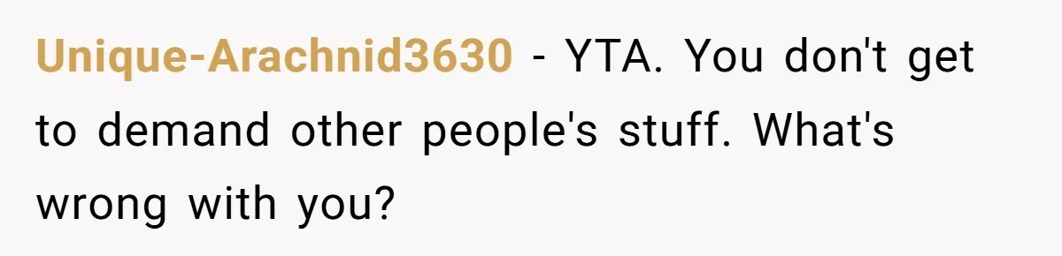 Unique-Arachnid3630 − YTA. You don't get to demand other people's stuff. What's wrong with you?