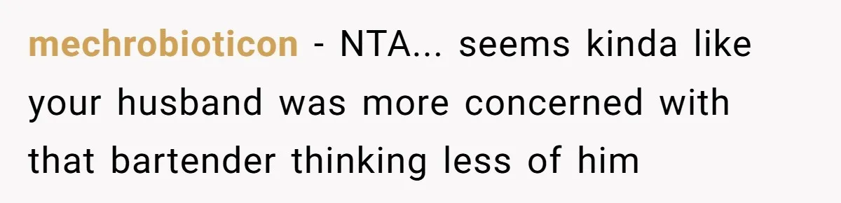 Did the Bartender Think Her Husband Paid the Bill? A Customer Sets the Record Straight mechrobioticon − NTA... seems kinda like your husband was more concerned with that bartender thinking less of him