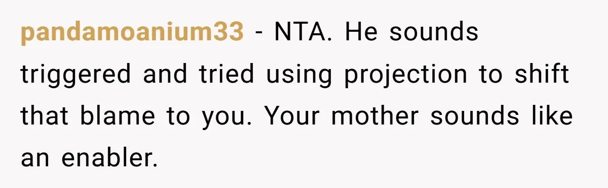 pandamoanium33 − NTA. He sounds triggered and tried using projection to shift that blame to you. Your mother sounds like an enabler.