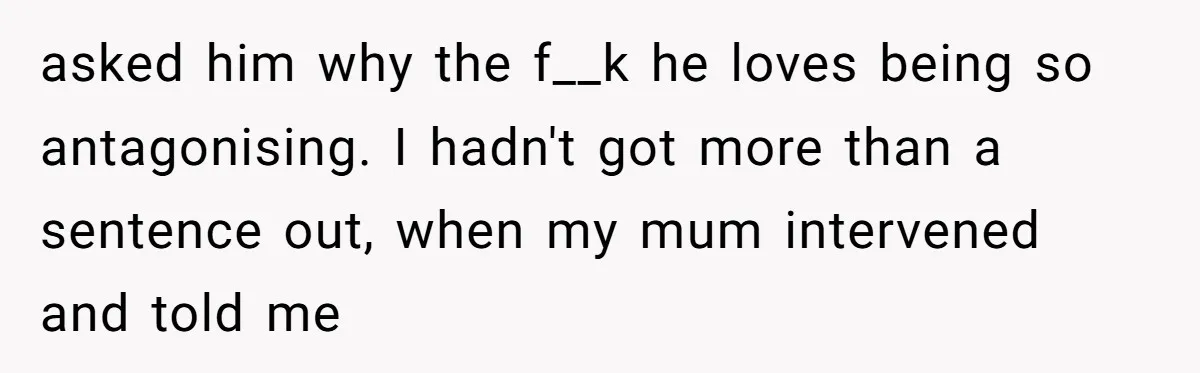 asked him why the f__k he loves being so antagonising. I hadn't got more than a sentence out, when my mum intervened and told me