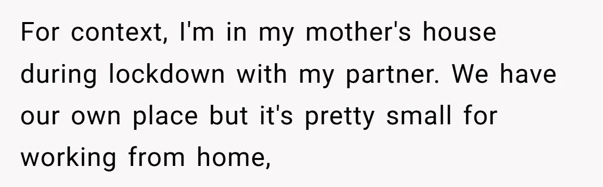 For context, I'm in my mother's house during lockdown with my partner. We have our own place but it's pretty small for working from home,
