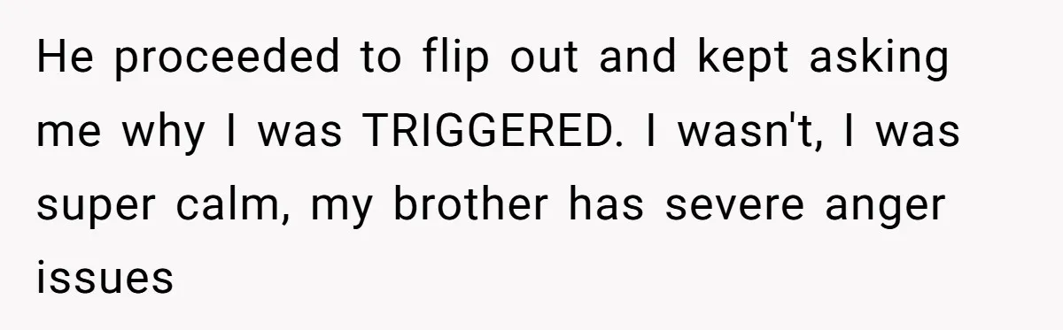He proceeded to flip out and kept asking me why I was TRIGGERED. I wasn't, I was super calm, my brother has severe anger issues