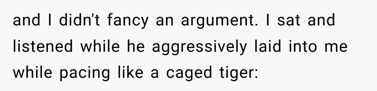 and I didn't fancy an argument. I sat and listened while he aggressively laid into me while pacing like a caged tiger: