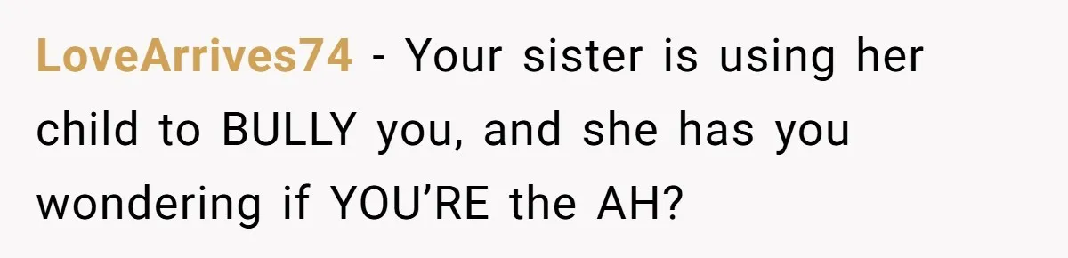 LoveArrives74 − Your sister is using her child to BULLY you, and she has you wondering if YOU’RE the AH?