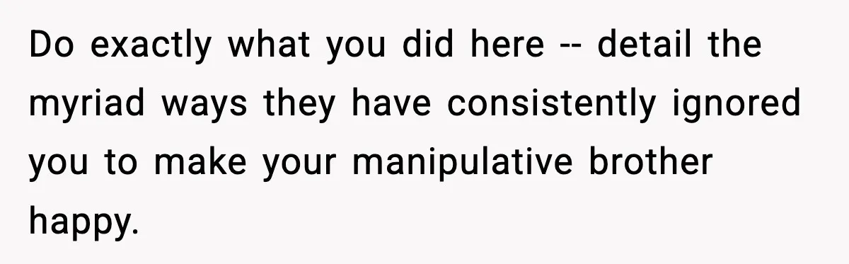 Do exactly what you did here -- detail the myriad ways they have consistently ignored you to make your manipulative brother happy.