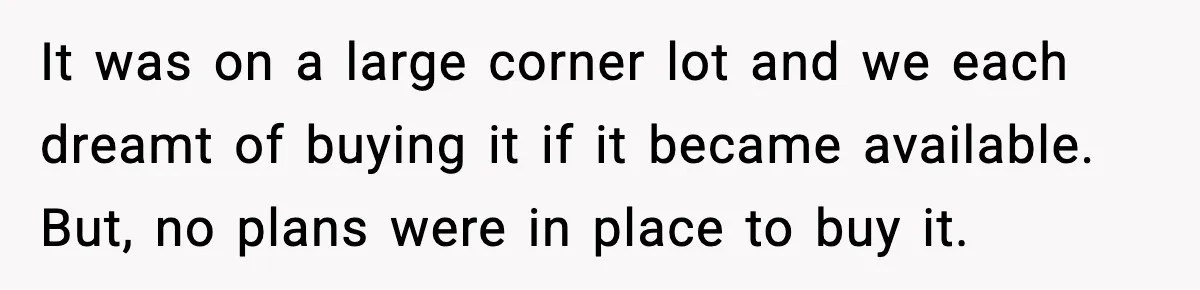 It was on a large corner lot and we each dreamt of buying it if it became available. But, no plans were in place to buy it.