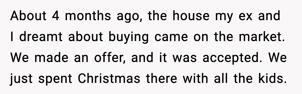 About 4 months ago, the house my ex and I dreamt about buying came on the market. We made an offer, and it was accepted. We just spent Christmas there...