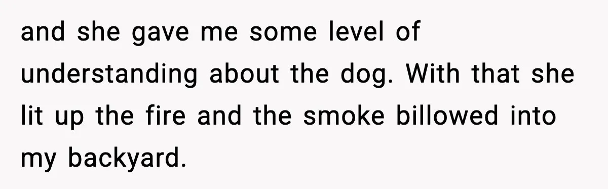 and she gave me some level of understanding about the dog. With that she lit up the fire and the smoke billowed into my backyard.