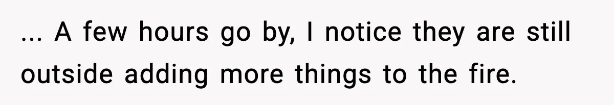 ... A few hours go by, I notice they are still outside adding more things to the fire.