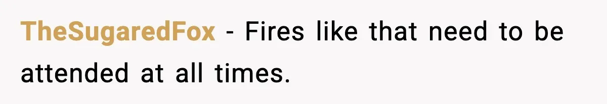 TheSugaredFox - Fires like that need to be attended at all times.