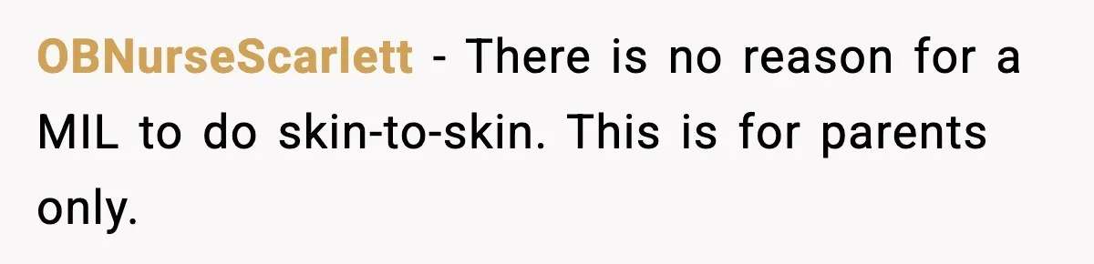 OBNurseScarlett - There is no reason for a MIL to do skin-to-skin. This is for parents only.