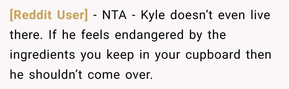 [Reddit User] − NTA - Kyle doesn’t even live there. If he feels endangered by the ingredients you keep in your cupboard then he shouldn’t come over.