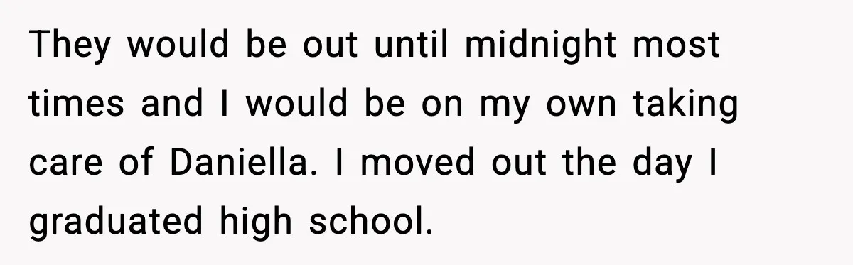 They would be out until midnight most times and I would be on my own taking care of Daniella. I moved out the day I graduated high school.