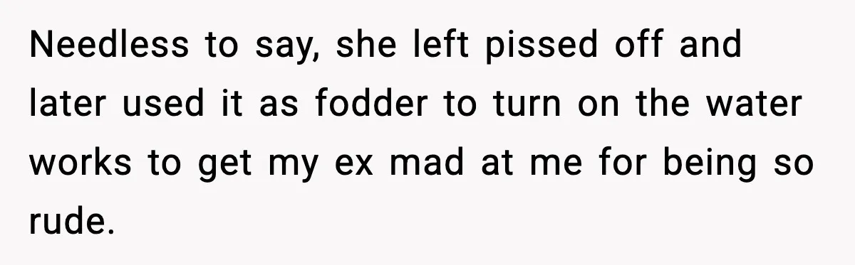 Needless to say, she left pissed off and later used it as fodder to turn on the water works to get my ex mad at me for being so rude.