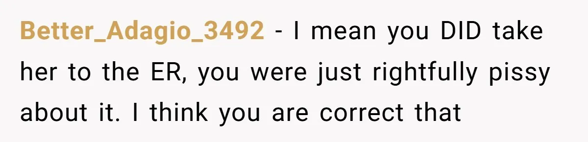 Better_Adagio_3492 − I mean you DID take her to the ER, you were just rightfully pissy about it. I think you are correct that